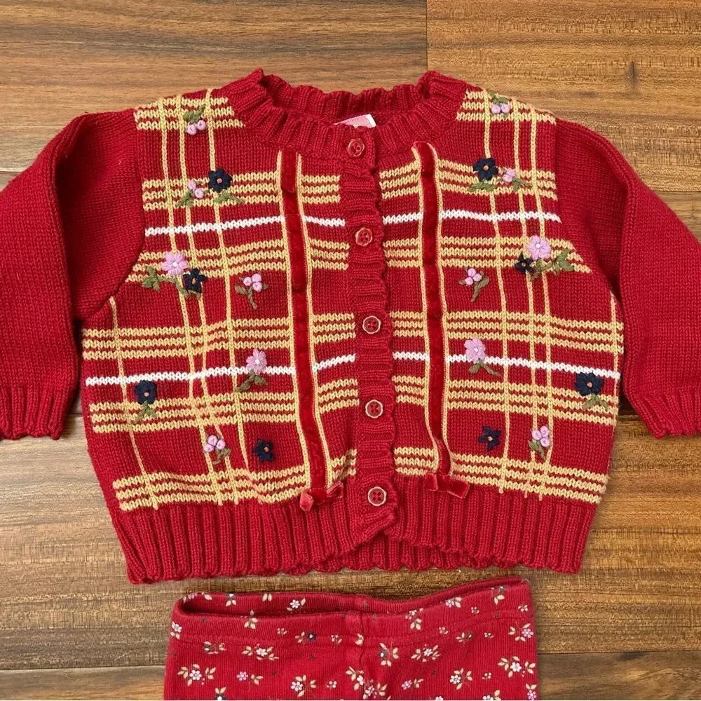 Gymboree vintage y2k 2001 red floral cardigan sweater and leggings set